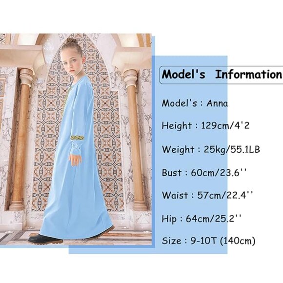 Abetteric Kids Girls Long Sleeve Abaya Dress Muslim Islamic Kaftan Printed Maxi - Picture 8 of 14